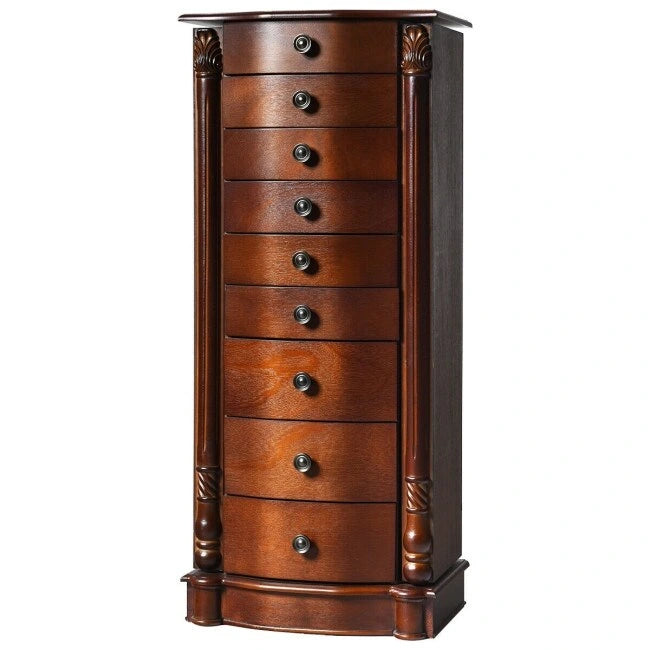 Grande boîte de rangement à bijoux en bois, organisateur avec 8 tiroirs, 2 portes et 16 crochets – MDF Noyer