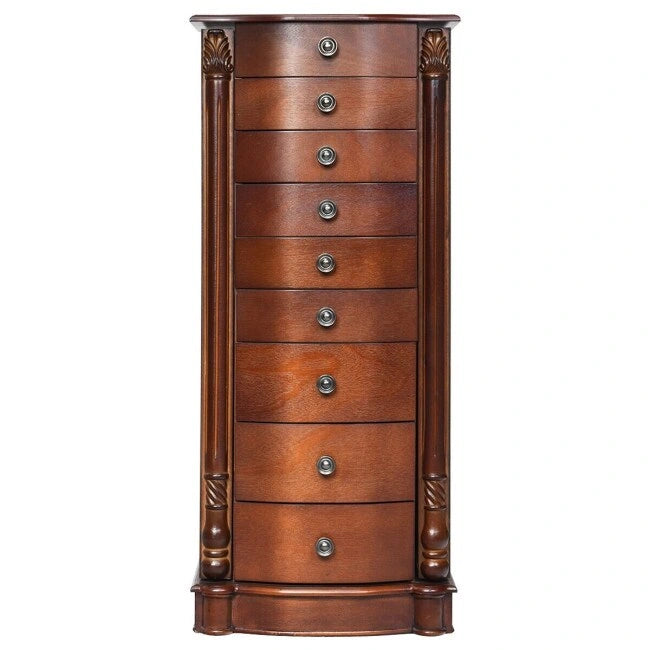 Grande boîte de rangement à bijoux en bois, organisateur avec 8 tiroirs, 2 portes et 16 crochets – MDF Noyer