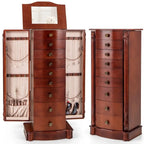 Grande boîte de rangement à bijoux en bois, organisateur avec 8 tiroirs, 2 portes et 16 crochets – MDF Noyer