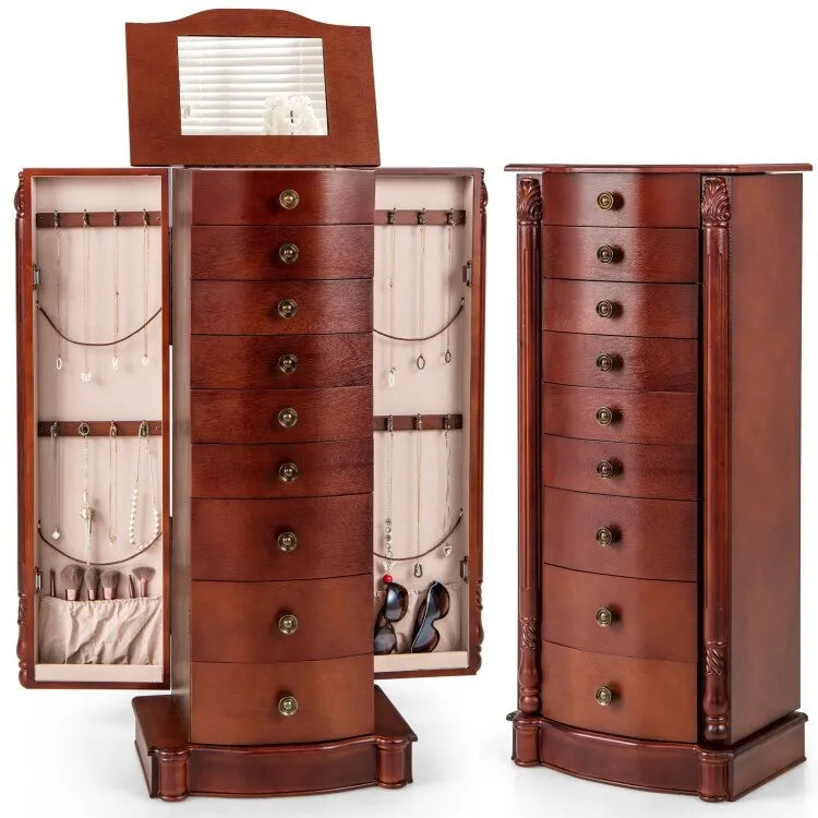 Grande boîte de rangement à bijoux en bois, organisateur avec 8 tiroirs, 2 portes et 16 crochets – MDF Noyer