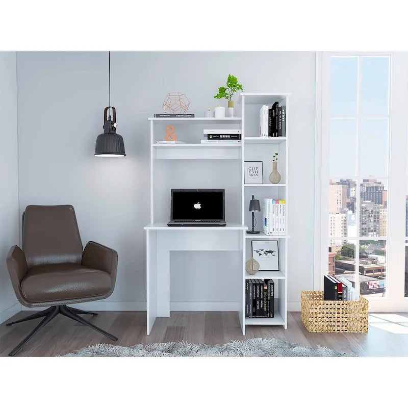 Bureau avec bibliothèque à 6 étagères, table pour ordinateur portable, armoire intégrée
