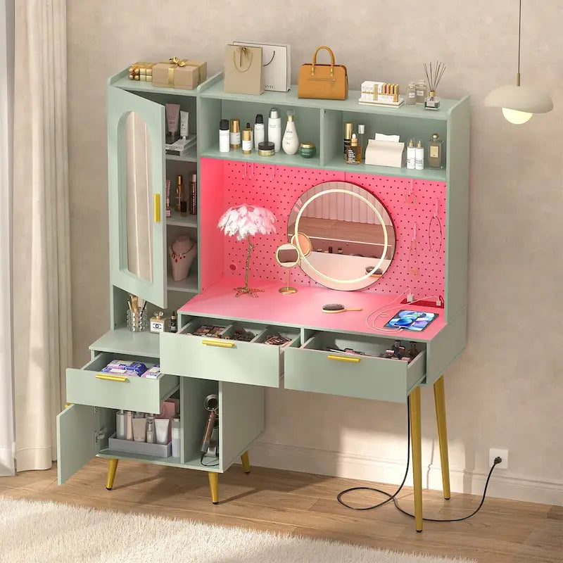 Coiffeuse avec panneau perforé et huche, table de maquillage de chambre à coucher avec station de charge et lumière LED - S/O