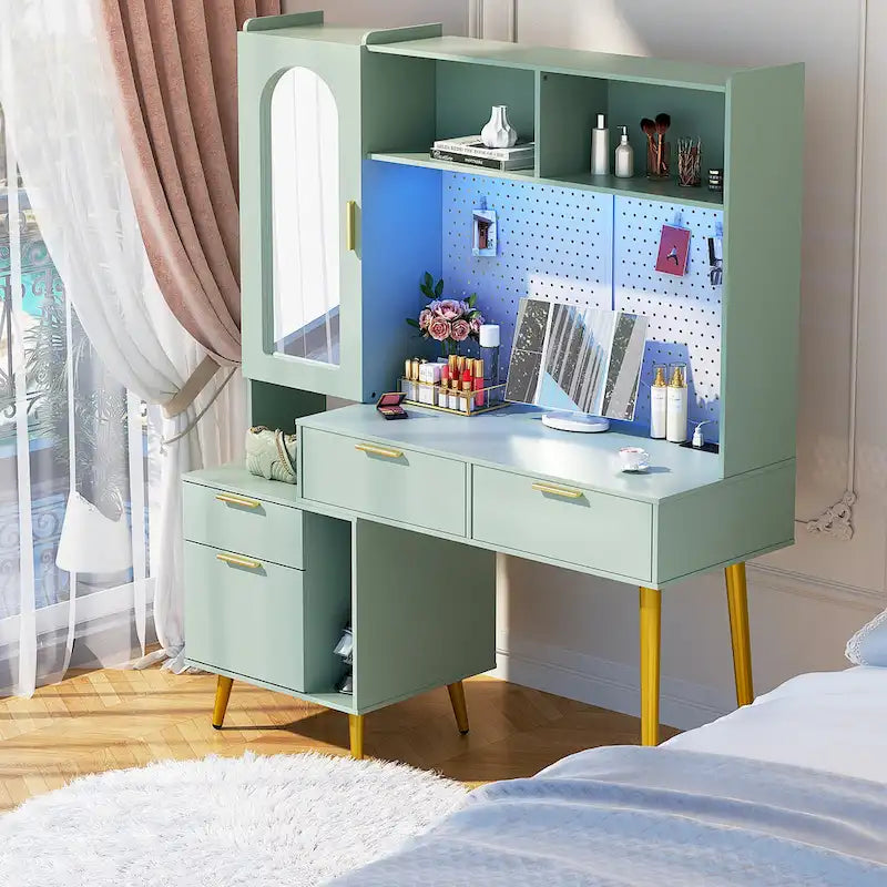 Coiffeuse avec panneau perforé et huche, table de maquillage de chambre à coucher avec station de charge et lumière LED - S/O