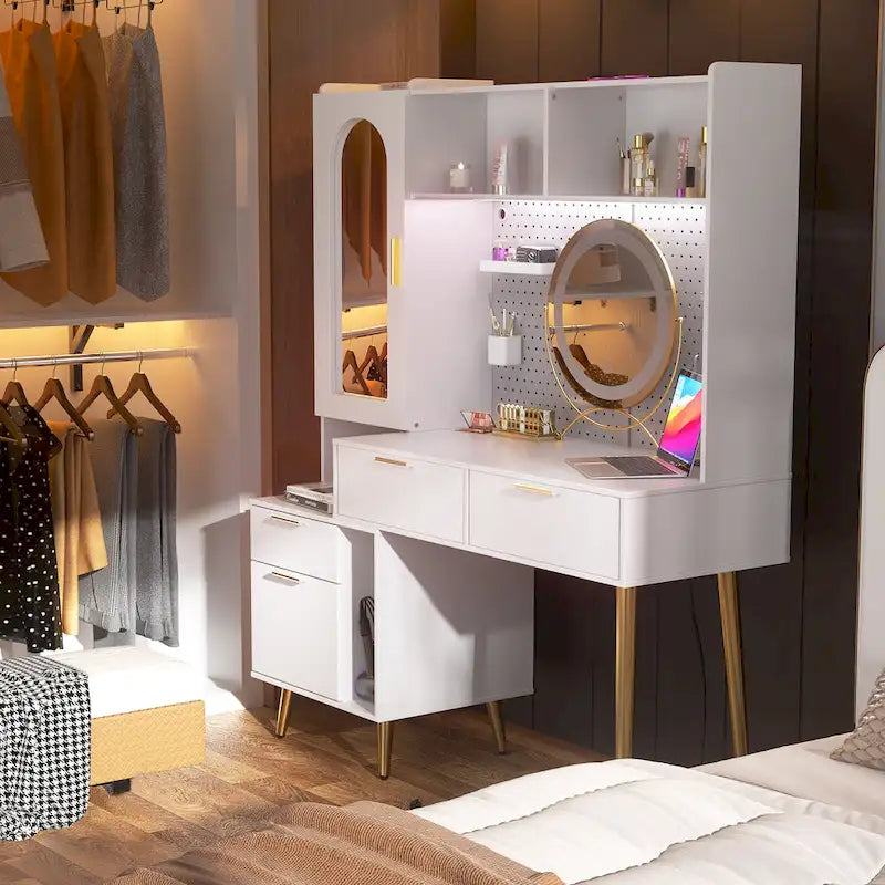 Coiffeuse avec panneau perforé et huche, table de maquillage de chambre à coucher avec station de charge et lumière LED - S/O