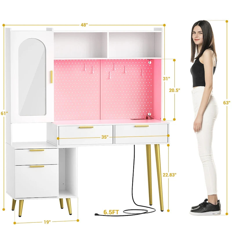 Coiffeuse avec panneau perforé et huche, table de maquillage de chambre à coucher avec station de charge et lumière LED - S/O