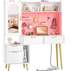 Coiffeuse avec panneau perforé et huche, table de maquillage de chambre à coucher avec station de charge et lumière LED - S/O