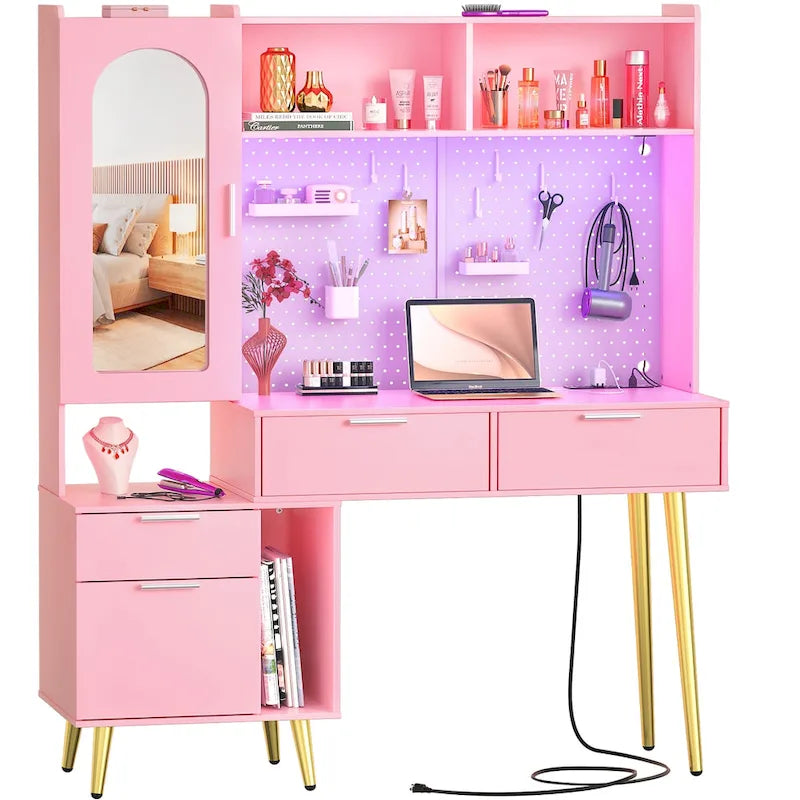 Coiffeuse avec panneau perforé et huche, table de maquillage de chambre à coucher avec station de charge et lumière LED - S/O
