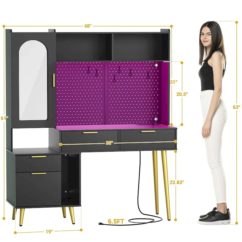 Coiffeuse avec panneau perforé et huche, table de maquillage de chambre à coucher avec station de charge et lumière LED - S/O