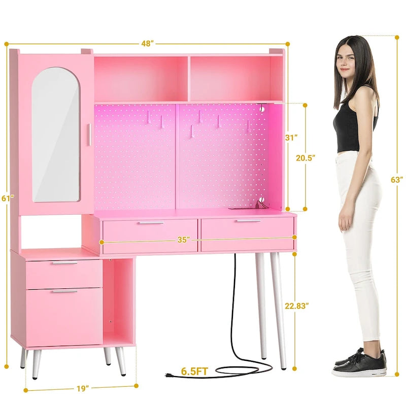 Coiffeuse avec panneau perforé et huche, table de maquillage de chambre à coucher avec station de charge et lumière LED - S/O