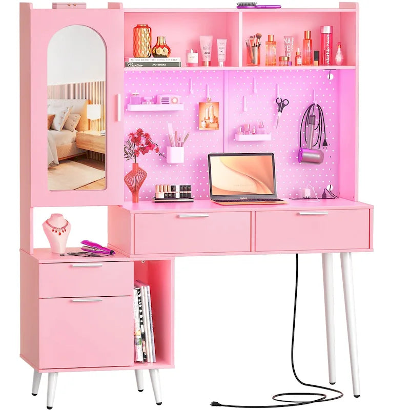 Coiffeuse avec panneau perforé et huche, table de maquillage de chambre à coucher avec station de charge et lumière LED - S/O