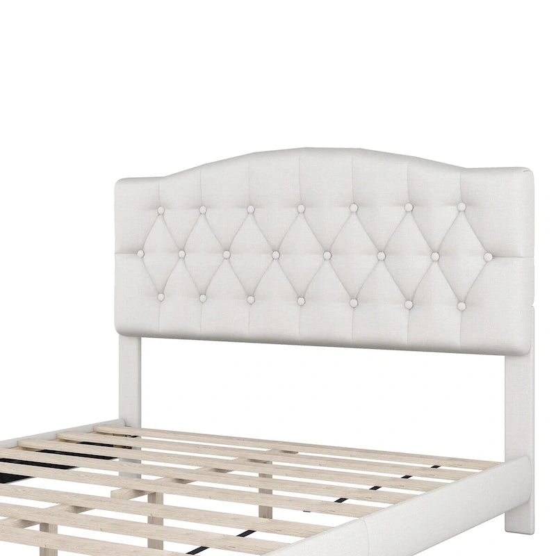 Lit plateforme tapissé avec tête de lit capitonnée incurvée en losange – Lin de polyester, Double/Queen/King
