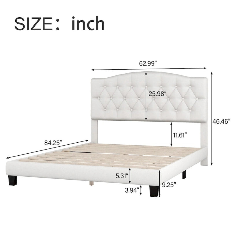 Lit plateforme tapissé avec tête de lit capitonnée incurvée en losange – Lin de polyester, Double/Queen/King