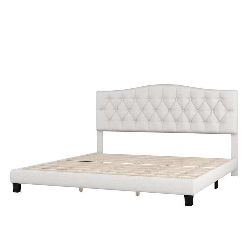 Lit plateforme tapissé avec tête de lit capitonnée incurvée en losange – Lin de polyester, Double/Queen/King