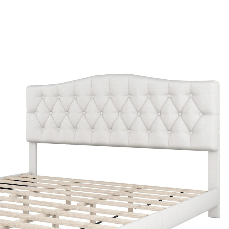 Lit plateforme tapissé avec tête de lit capitonnée incurvée en losange – Lin de polyester, Double/Queen/King