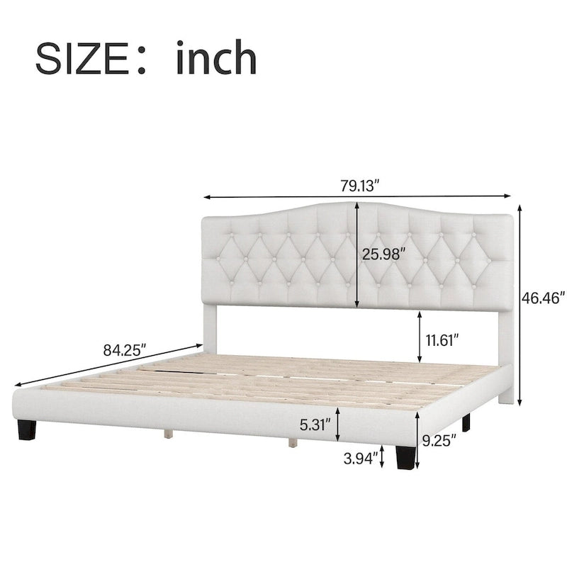 Lit plateforme tapissé avec tête de lit capitonnée incurvée en losange – Lin de polyester, Double/Queen/King