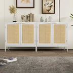 Buffet bahut en bois blanc et rotin avec étagère réglable – 80 x 35 x 75,5 cm