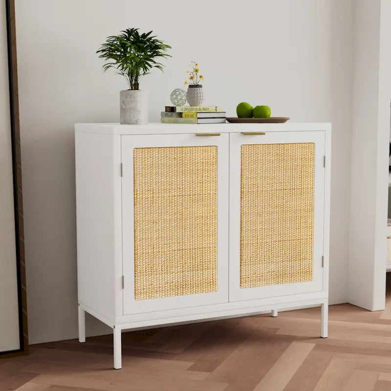 Buffet bahut en bois blanc et rotin avec étagère réglable – 80 x 35 x 75,5 cm