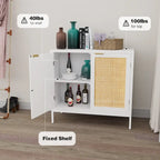 Buffet bahut en bois blanc et rotin avec étagère réglable – 80 x 35 x 75,5 cm