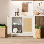 Buffet bahut en bois blanc et rotin avec étagère réglable – 80 x 35 x 75,5 cm