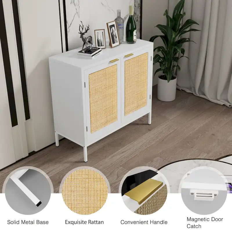 Buffet bahut en bois blanc et rotin avec étagère réglable – 80 x 35 x 75,5 cm