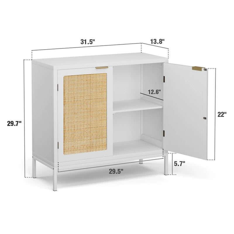 Buffet bahut en bois blanc et rotin avec étagère réglable – 80 x 35 x 75,5 cm