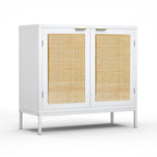 Buffet bahut en bois blanc et rotin avec étagère réglable – 80 x 35 x 75,5 cm