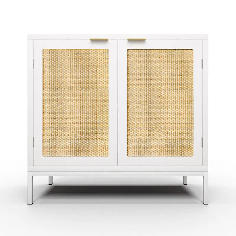 Buffet bahut en bois blanc et rotin avec étagère réglable – 80 x 35 x 75,5 cm
