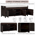 Banc de rangement avec 3 portes persiennes, banc à chaussures avec coussin amovible et espace de rangement caché