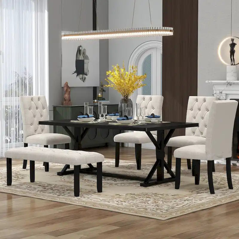 Ensemble de salle à manger de ferme 6 pièces avec table rectangulaire en bois de 183 cm – Gris/Expresso/Noyer