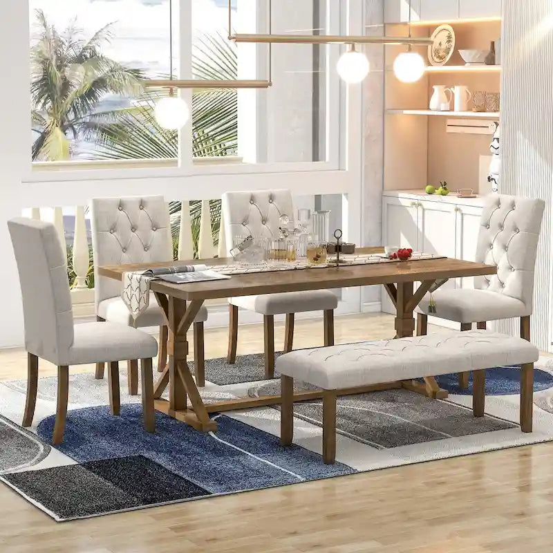 Ensemble de salle à manger de ferme 6 pièces avec table rectangulaire en bois de 183 cm – Gris/Expresso/Noyer