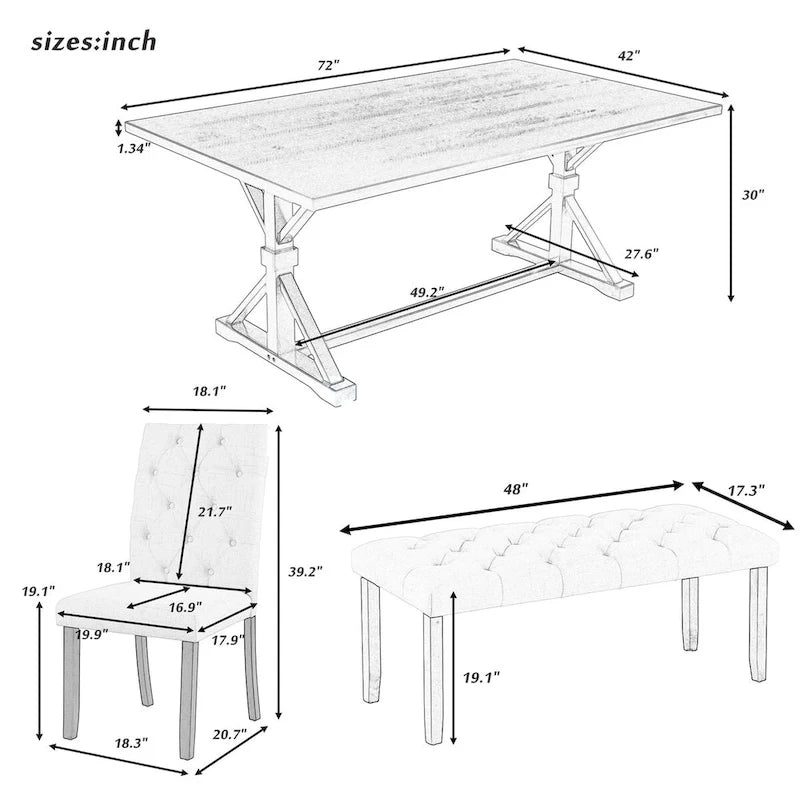 Ensemble de salle à manger de ferme 6 pièces avec table rectangulaire en bois de 183 cm – Gris/Expresso/Noyer
