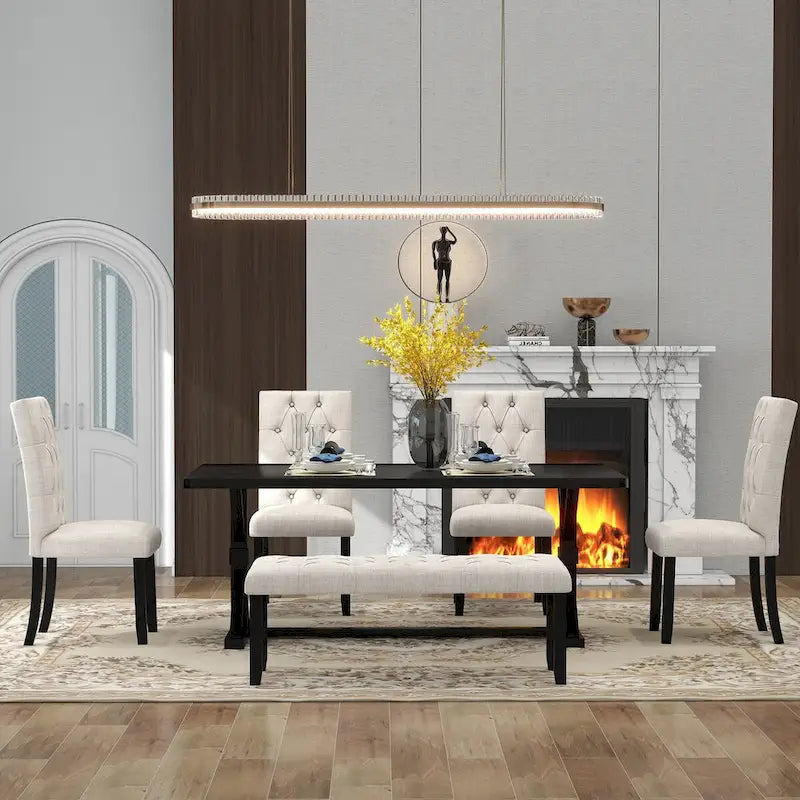 Ensemble de salle à manger de ferme 6 pièces avec table rectangulaire en bois de 183 cm – Gris/Expresso/Noyer