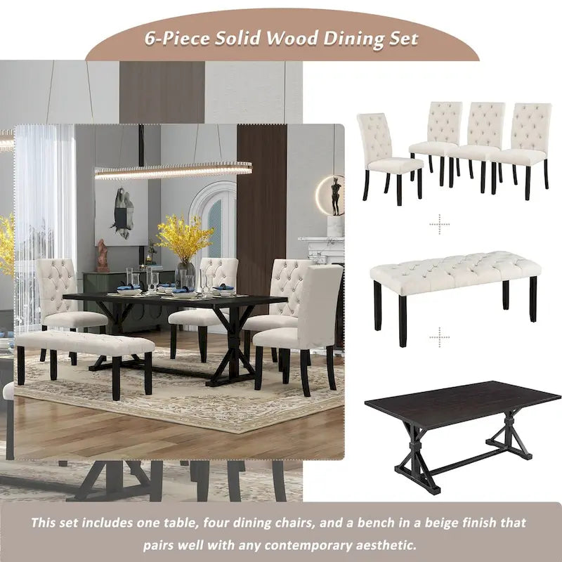 Ensemble de salle à manger de ferme 6 pièces avec table rectangulaire en bois de 183 cm – Gris/Expresso/Noyer