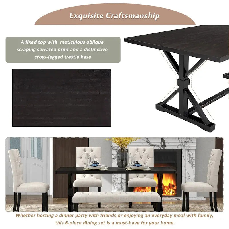 Ensemble de salle à manger de ferme 6 pièces avec table rectangulaire en bois de 183 cm – Gris/Expresso/Noyer