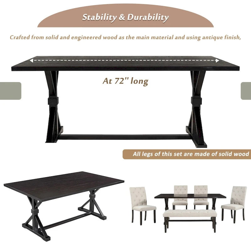 Ensemble de salle à manger de ferme 6 pièces avec table rectangulaire en bois de 183 cm – Gris/Expresso/Noyer