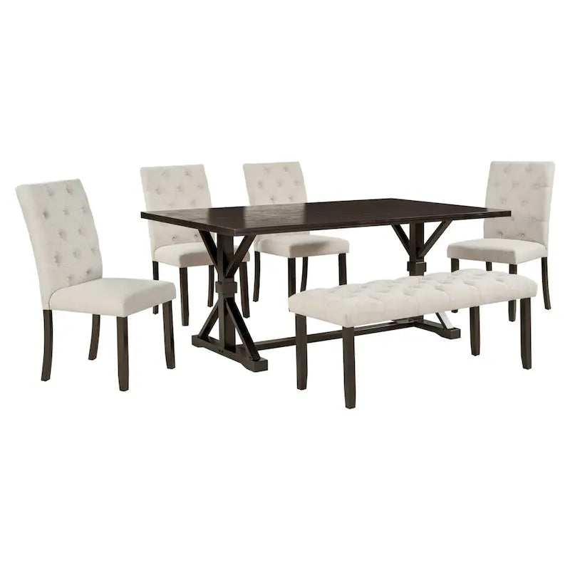 Ensemble de salle à manger de ferme 6 pièces avec table rectangulaire en bois de 183 cm – Gris/Expresso/Noyer