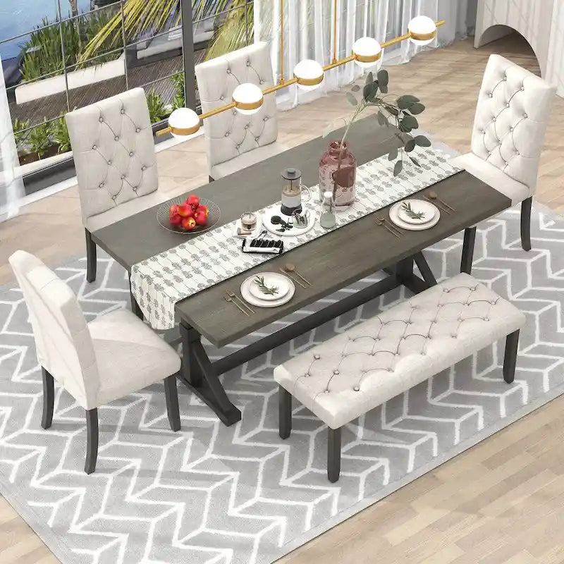Ensemble de salle à manger de ferme 6 pièces avec table rectangulaire en bois de 183 cm – Gris/Expresso/Noyer
