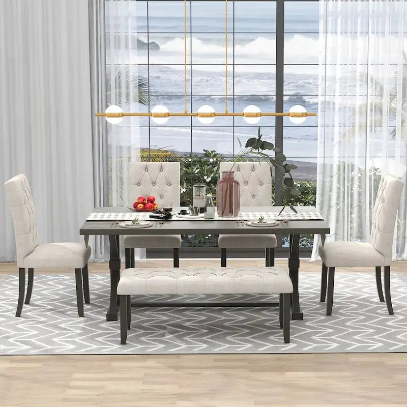 Ensemble de salle à manger de ferme 6 pièces avec table rectangulaire en bois de 183 cm – Gris/Expresso/Noyer