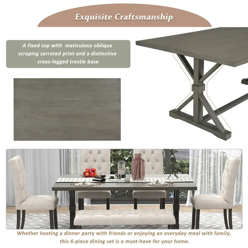 Ensemble de salle à manger de ferme 6 pièces avec table rectangulaire en bois de 183 cm – Gris/Expresso/Noyer