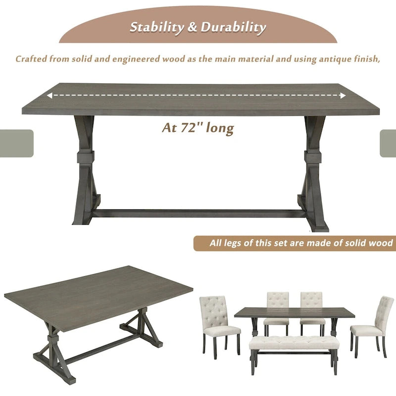 Ensemble de salle à manger de ferme 6 pièces avec table rectangulaire en bois de 183 cm – Gris/Expresso/Noyer