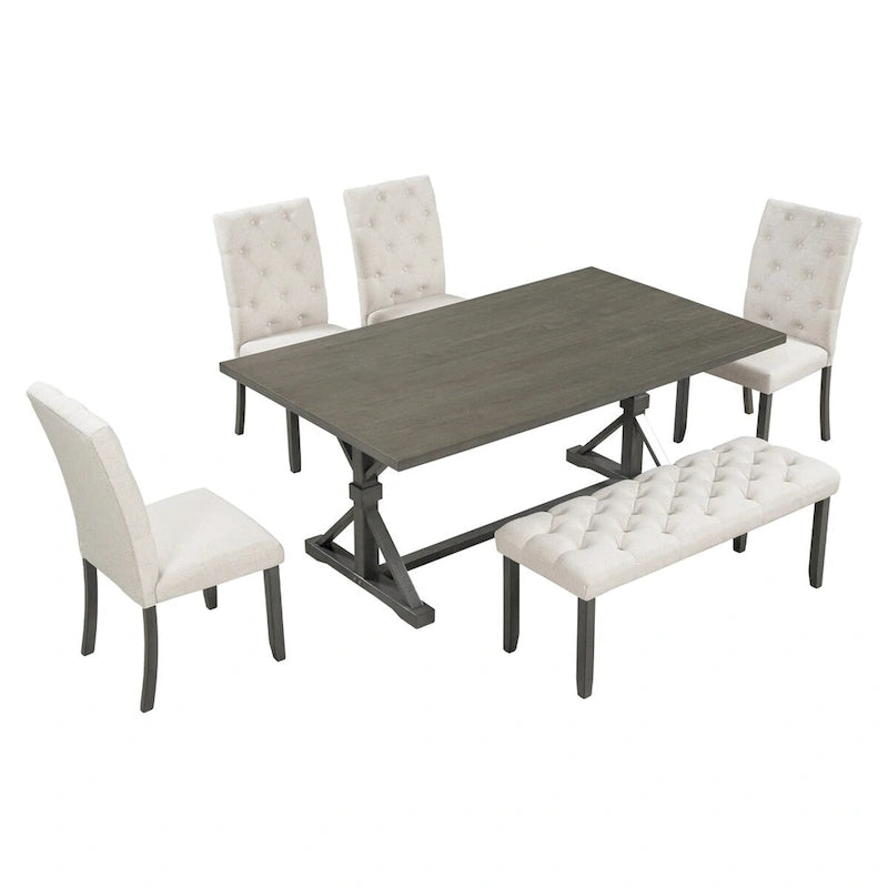 Ensemble de salle à manger de ferme 6 pièces avec table rectangulaire en bois de 183 cm – Gris/Expresso/Noyer