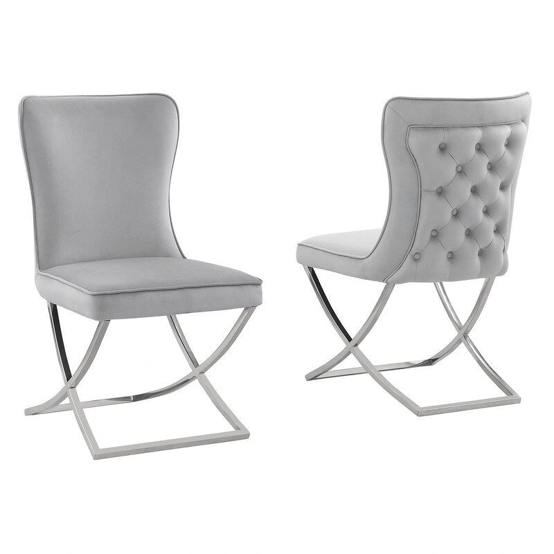 Lot de 2 chaises de salle à manger capitonnées en velours – Pieds en métal doré/argenté, revêtement beige/gris