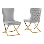 Lot de 2 chaises de salle à manger capitonnées en velours – Pieds en métal doré/argenté, revêtement beige/gris
