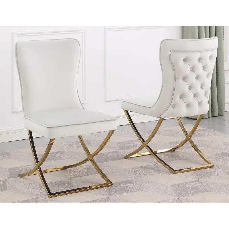 Lot de 2 chaises de salle à manger capitonnées en velours – Pieds en métal doré/argenté, revêtement beige/gris