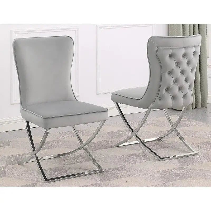 Lot de 2 chaises de salle à manger capitonnées en velours – Pieds en métal doré/argenté, revêtement beige/gris