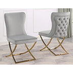 Lot de 2 chaises de salle à manger capitonnées en velours – Pieds en métal doré/argenté, revêtement beige/gris