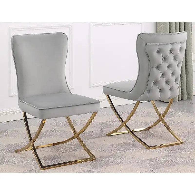 Lot de 2 chaises de salle à manger capitonnées en velours – Pieds en métal doré/argenté, revêtement beige/gris