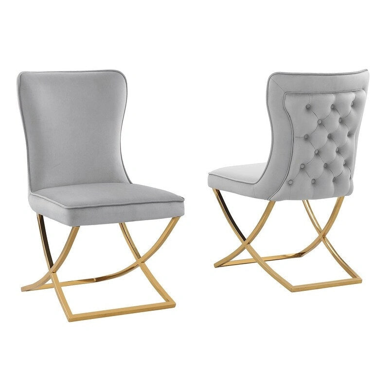 Lot de 2 chaises de salle à manger capitonnées en velours – Pieds en métal doré/argenté, revêtement beige/gris