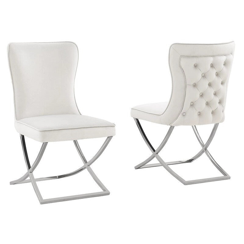 Lot de 2 chaises de salle à manger capitonnées en velours – Pieds en métal doré/argenté, revêtement beige/gris
