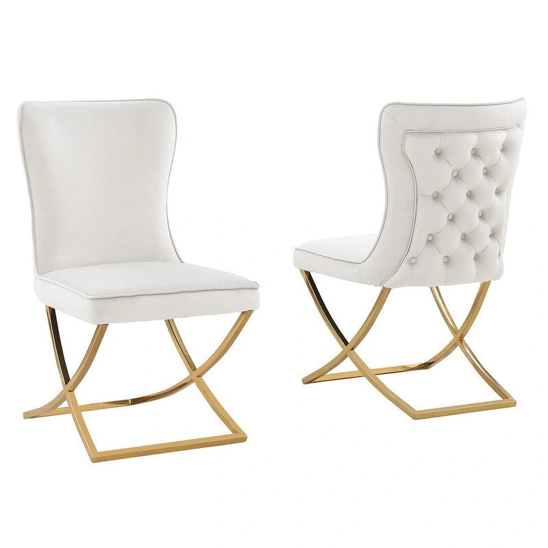 Lot de 2 chaises de salle à manger capitonnées en velours – Pieds en métal doré/argenté, revêtement beige/gris